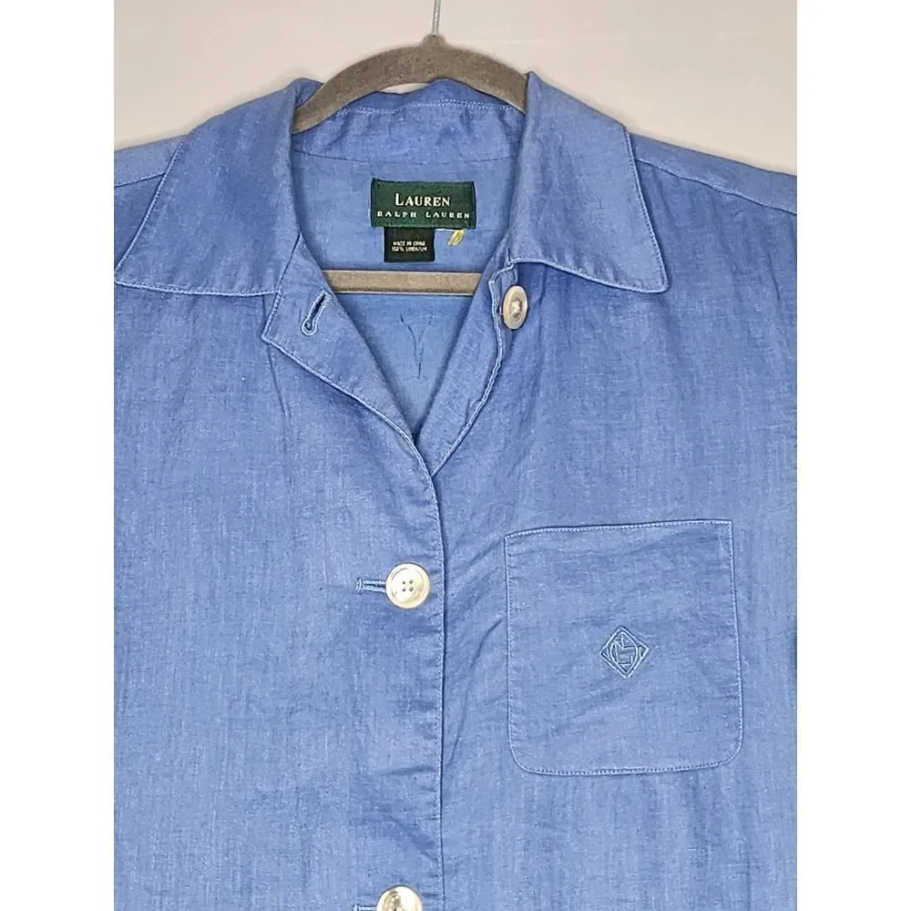 Lauren Ralph Lauren Womens Linen Blazer Smock Coat Light Blue‎ Pockets button up